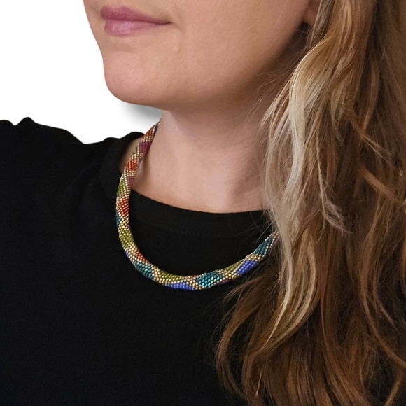 Tubular Peyote Stitch Crochet Seed Beaded Necklace Diamond harlequin Handmade